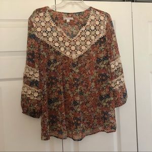 Christopher & Banks sheer floral top with crochet embellish on neck & sleeves.